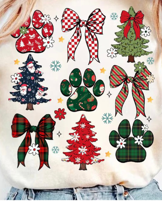 Paw prints, bows, trees