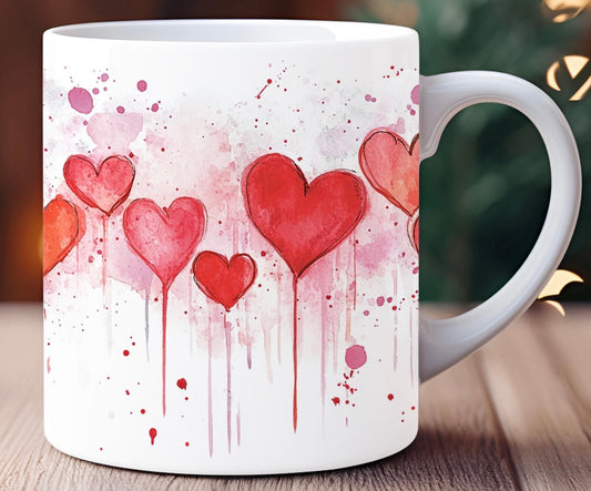 Watercolor hearts, Valentine’s Day mug ￼